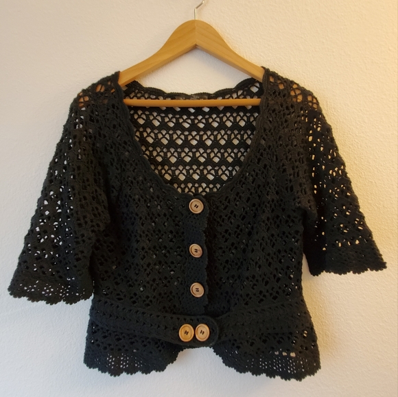 INC International Concepts Tops - INC Black Crochet Bolero with Wooden Buttons Size M